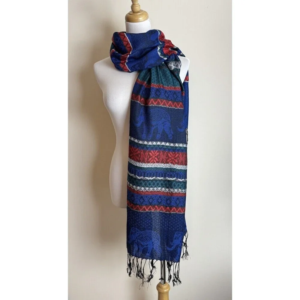 Jerusalem 100% Cashmere Elephant Scarf Blue Red Green Boho Fringe Wrap Shawl